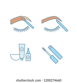 Eyebrows shaping color icons set. Brows tinting and contouring with pencil, eyebrows and eyelash dye kit, mascara. Isolated vector illustrations