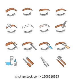 Eyebrows shaping color icons set. Brows microblading and tattoo procedure. Eyebrows permanent makeup. Brows tinting. Isolated vector illustrations