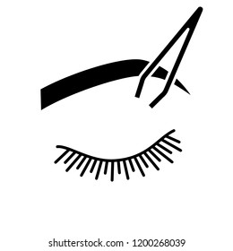 Eyebrows shaping glyph icon. Brows correction. Eyebrows tweezing. Brows plucking. Cosmetic tweezer. Silhouette symbol. Negative space. Vector isolated illustration