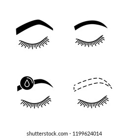 Eyebrows shaping glyph icons set. Steep arched and rounded eyebrows, makeup removal, brows contouring. Silhouette symbols. Vector isolated illustration