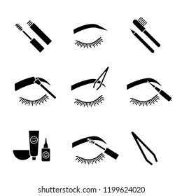 Eyebrows Shaping Glyph Icons Set. Dye Kit, Arched Brows, Tweezer, Microblading, Mascara, Eyebrow Tinting And Contouring With Pencil And Brush. Silhouette Symbols. Vector Isolated Illustration