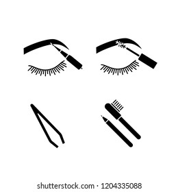 Eyebrows shaping glyph icons set. Brows microblading, mascara, cosmetic tweezer, eyebrows contouring pencil with brush. Silhouette symbols. Vector isolated illustration