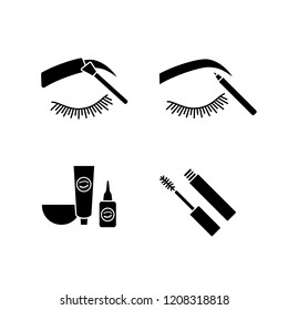 Eyebrows shaping glyph icons set. Brows tinting and contouring with pencil, eyebrows and eyelash dye kit, mascara. Silhouette symbols. Vector isolated illustration