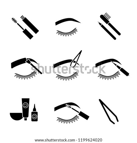 Eyebrows shaping glyph icons set. Dye kit, arched brows, tweezer, microblading, mascara, eyebrow tinting and contouring with pencil and brush. Silhouette symbols. Vector isolated illustration