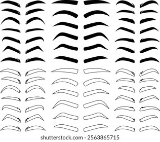 Eyebrows shaping icons in flat line set. different style male and female vector for apps or website black eyebrow linear isolated on transparent background Unkept shaggy and bushy eyelash