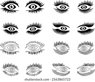 Eyebrows shaping icons in flat line set. different style male and female vector for apps or website black eyebrow linear isolated on transparent background Unkept shaggy and bushy eyelash