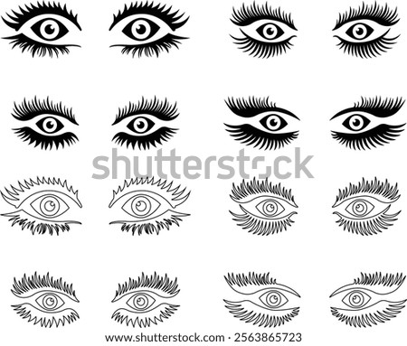 Eyebrows shaping icons in flat line set. different style male and female vector for apps or website black eyebrow linear isolated on transparent background Unkept shaggy and bushy eyelash