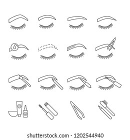 Eyebrows Shaping Linear Icons Set. Brows Microblading And Tattoo Procedure. Eyebrows Permanent Makeup. Brows Tinting. Thin Line Contour Symbols. Isolated Vector Outline Illustrations. Editable Stroke