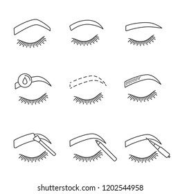 Eyebrows shaping linear icons set. Steep arched, rounded, straight brows, makeup removal, microblading, tattooing, eyebrows contouring, tinting. Isolated vector outline illustrations. Editable stroke