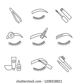 Eyebrows shaping linear icons set. Dye kit, arched brows, tweezer, makeup removal, microblading, mascara, eyebrow tinting and contouring pencil. Isolated vector outline illustrations. Editable stroke