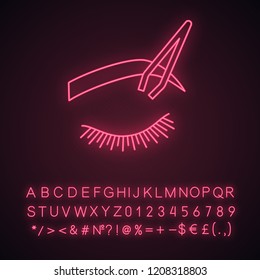 Eyebrows shaping neon light icon. Brows correction. Eyebrows tweezing. Brows plucking. Cosmetic tweezer. Glowing sign with alphabet, numbers and symbols. Vector isolated illustration