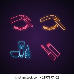 Eyebrows shaping neon light icons set. Brows tinting and contouring with pencil, eyebrows and eyelash dye kit, mascara. Glowing signs. Vector isolated illustrations