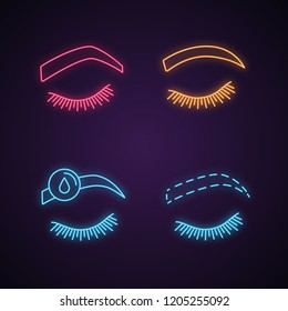 Eyebrows shaping neon light icons set. Steep arched and rounded eyebrows, makeup removal, brows contouring. Glowing signs. Vector isolated illustrations