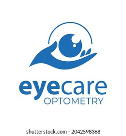 eyecare optometry logo, hand bring eyeball vector