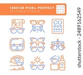 Eyecare and vision care two color line icons set. Glasses prescription. Optometry, eye health and eyewear maintenance bicolor outline iconset isolated. Duotone pictograms thin linear. Editable stroke