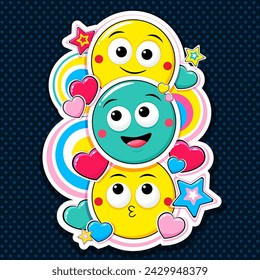 Eye-catched card with cute emoticons with different mood. Cartoon emoji faces in different expressions - happy, surprised, crazy. Can be used for t-shirt print, sticker, greeting card. Vector EPS10