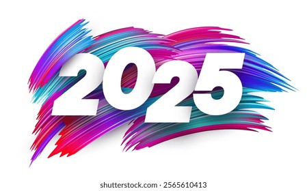 Eye-catching 2025 typography overlaid on vibrant and dynamic multicolored brush strokes. Vector illustration.