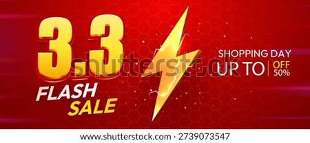 Eye-catching 3.3 Flash Sale banner with golden numbers and a dynamic lightning bolt on a red background. Vector illustration.