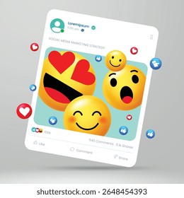 Eye-catching 3D emojis and reaction icons popping out of a tilted social media post mockup. Great for digital marketing, engagement content, or UX UI presentation.