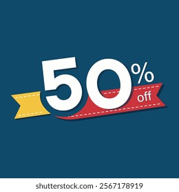 Eye-Catching 50% Off Discount Promotion with Red Ribbon and Yellow Accent