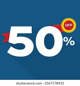 Eye-Catching 50% Off Discount Promotion with Red Ribbon and Yellow Accent