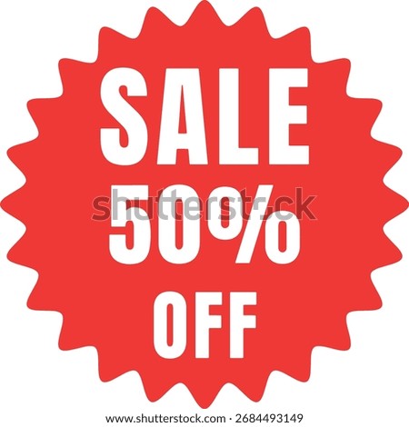 Eye-catching 50% off sale sticker for retail promotions and advertising. This bright red discount burst is perfect for announcing a massive half-price saving on all products and items.