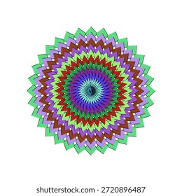 Ilustração digital abstrata atraente com um design complexo e circular de várias camadas que lembra uma estrela ou uma mandala estilizada. O padrão irradia a partir de um ponto central, composto de numerosos anéis concêntricos de formas pontiagudas, em ziguezague ou em divisas. A paleta de cores é rica e variada, começando com um azul claro sereno e azul escuro no núcleo, expandindo-se para fora através de roxos vívidos, verdes profundos, vermelhos brilhantes, castanhos terrosos e lavandarias macias, criando um efeito dinâmico e visualmente estimulante. Os elementos geométricos repetitivos formam uma sensação de movimento e profundidade, atraindo o olhar do espectador para os detalhes intrincados desta ilusão óptica colorida.