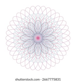 An eye-catching abstract geometric pattern resembling a mandala, featuring intricate lines and symmetry in vibrant blue, pink, and purple, isolated on white.