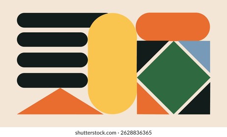 An eye-catching abstract layout with stacked black bars, rounded yellow shapes, and dynamic triangles. Bold color combinations create a modern retro visual.