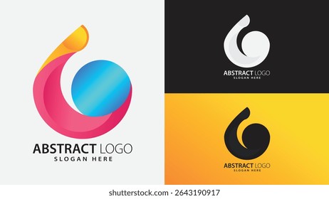 Eye-catching abstract logo features a vibrant swirl in pink, yellow, and red tones, wrapping around a glossy blue sphere to create a sense of dynamic energy and motion. Perfect for creative agencie.