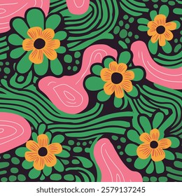 An eye-catching abstract pattern featuring bold green flowers with yellow centers, intertwined with flowing pink shapes and a dark background. 