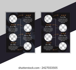 Ein auffälliges Sortiment an zeitgenössischen A4-Restaurantmenüs und Flyer-Vorlagen. Vektorgrafiken für Vorlagen, Cover-Designs und Marketingmaterialien für Lebensmittel und Getränke.