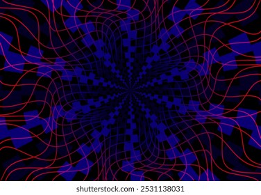 Eye-catching background with optical effect of depth created by red and blue on black color. Creative backdrop for poster or cover design.