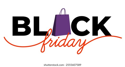 Eye-catching Black Friday logo featuring bold text and a shopping bag. Ideal for marketing, social media, posters, and retail promotions.