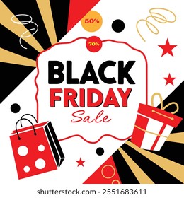 Eye-catching Black Friday Sale banner featuring bold typography with red, black, and gold accents. Illustrated shopping bags, autumn leaves, and discount tags (50% and 70%) 