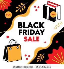 Eye-catching Black Friday Sale banner featuring bold typography with red, black, and gold accents. Illustrated shopping bags, autumn leaves, and discount tags (50% and 70%) 