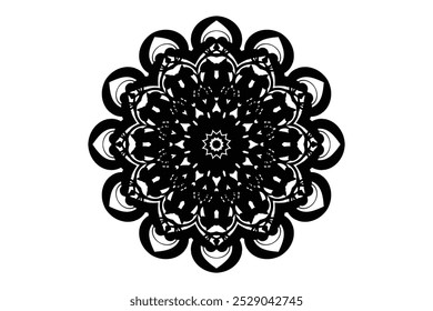Auffälliges schwarz-weißes Mandala-Kunstwerk auf sauberem, weißem Hintergrund, das komplexe Muster und Schönheit zeigt