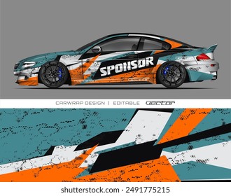 Eyecatching and bold car wrap design in black, white, orange, and blue colors. Perfect for modern vehicle branding and promotion.