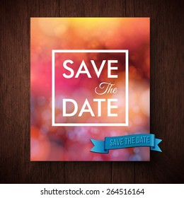 Eyecatching bold simple Save The Date template for a wedding invitation with white text in a square frame over an abstract blurred red toned background with sparkling bokeh, vector design