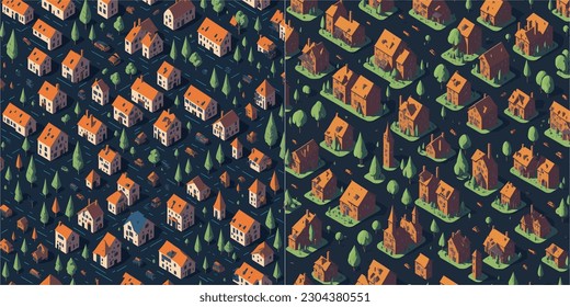 An eye-catching building pattern vector background features a dynamic arrangement of architectural structures, ranging from towering skyscrapers to quaint houses, creating a captivating urban landscap