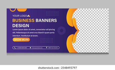 Eye-catching business banner template in purple and orange tones with placeholders for logos, text, and contact details.