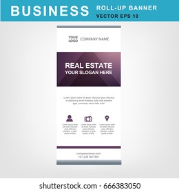 Eye-catching business roll-up banner with purple text box with triangle shapes vector template. Vertical banner with space for photo and icons.
