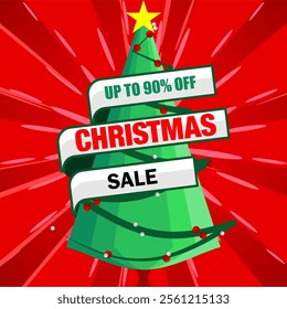 Eye-catching Christmas tree poster promoting up to 90% discounts. Bold design with red and green color scheme for maximum impact.