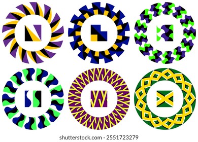 Eye-catching circular frames with geometric patterns and motion illusions. Versatile for web graphics, packaging design, or decorative art projects.