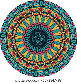 Eye-catching circular mandala design features intricate floral and geometric patterns