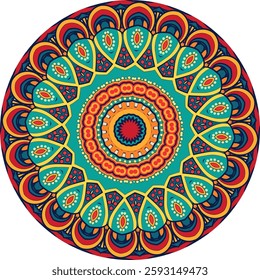 Eye-catching circular mandala design features intricate floral and geometric patterns