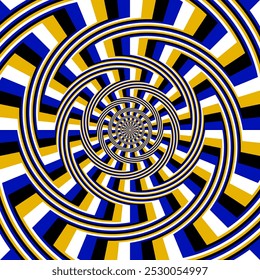 Eye-catching circular pattern of color stripes. Psychedelic background design. Optical illusion of circles that appear to be spirals.