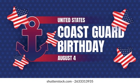 Eye-catching Coast Guard Birthday artwork with waving American flags and large white anchors. Celebrates national pride and military honor.