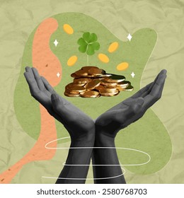 An eye-catching collage featuring hands presenting a pile of golden coins with a clover on top, symbolizing prosperity and luck for Saint Patrick's Day.