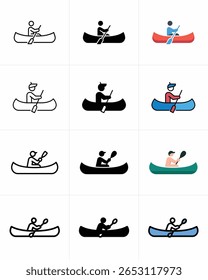 Uma coleção atraente apresenta uma arte de linha minimalista, silhueta e ícones coloridos mostrando uma pessoa remar em uma canoa através de um fundo transparente, perfeito para vários usos.